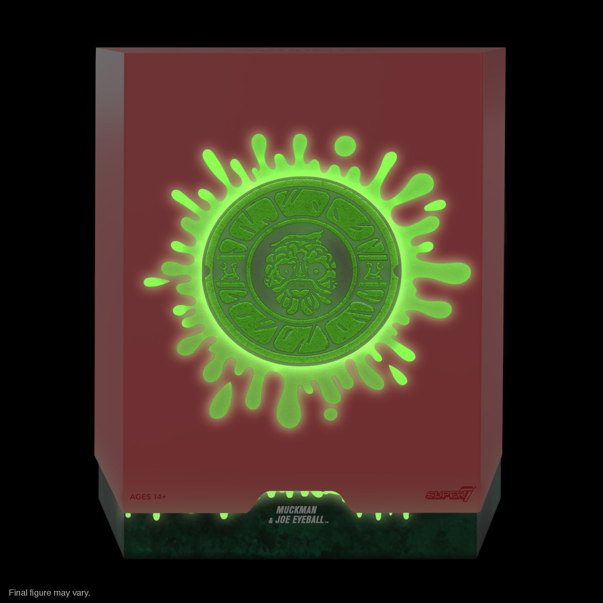 Packaging box for TMNT Ultimates Wave 4 Muckman and Joe Eyeball Glow with a neon green emblem on red background