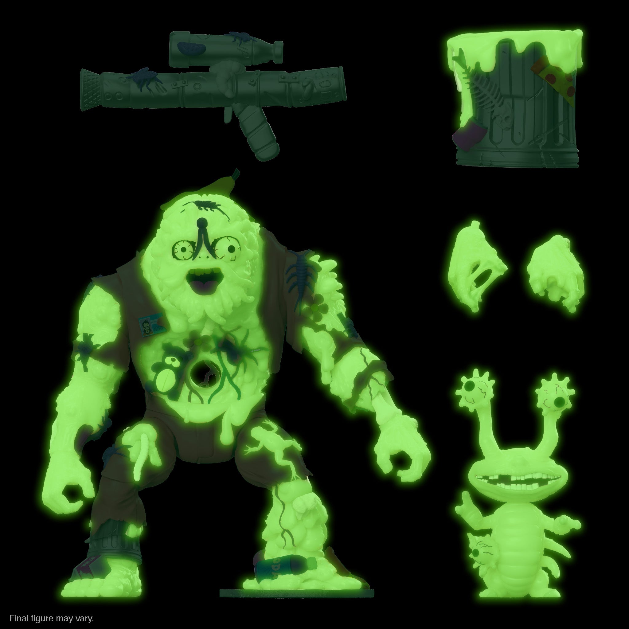Glow in the dark display of TMNT Ultimates Wave 4 Muckman with multiple smaller neon green monster figures around him.