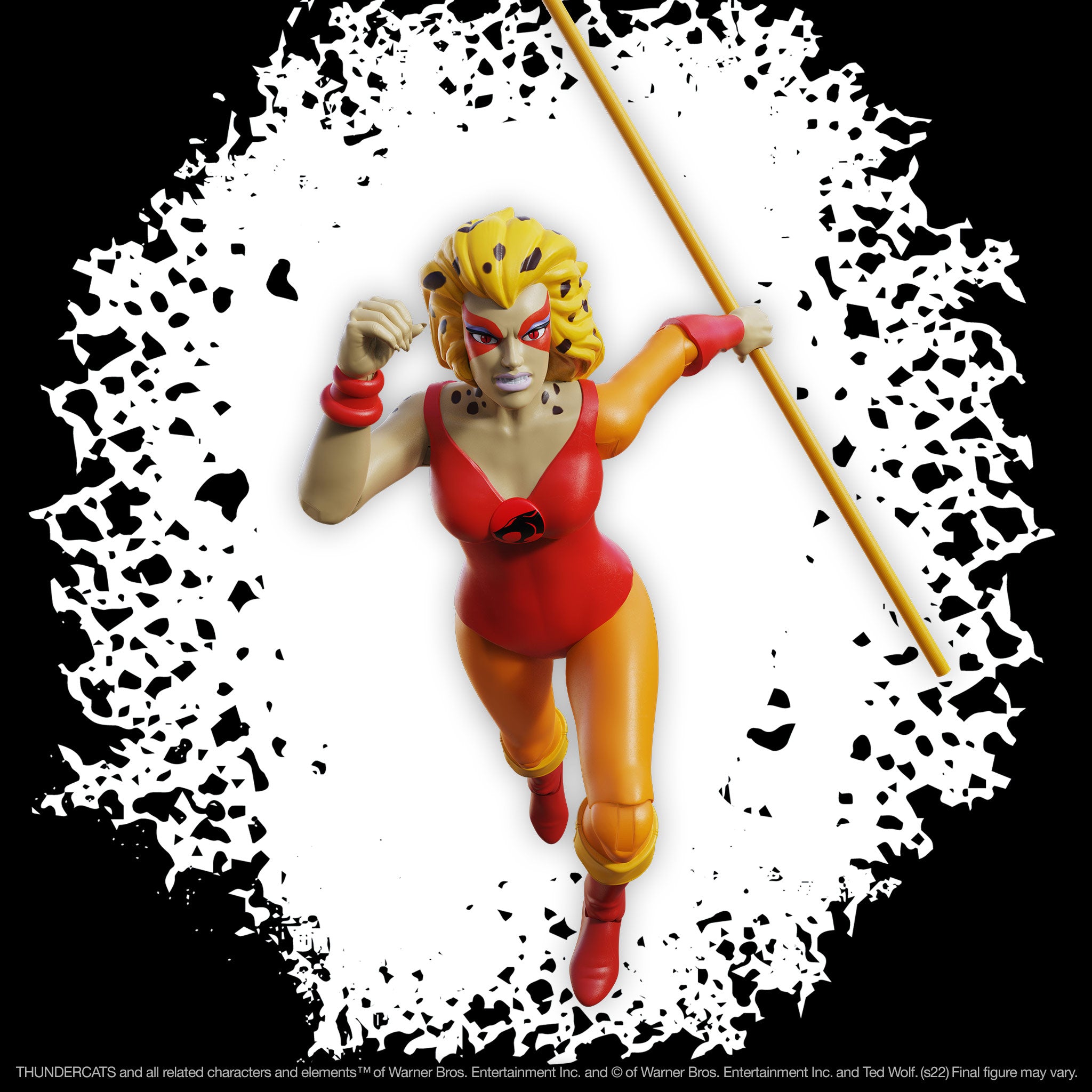 Cheetara action figure in a dynamic pose with a staff against a white and black splash background