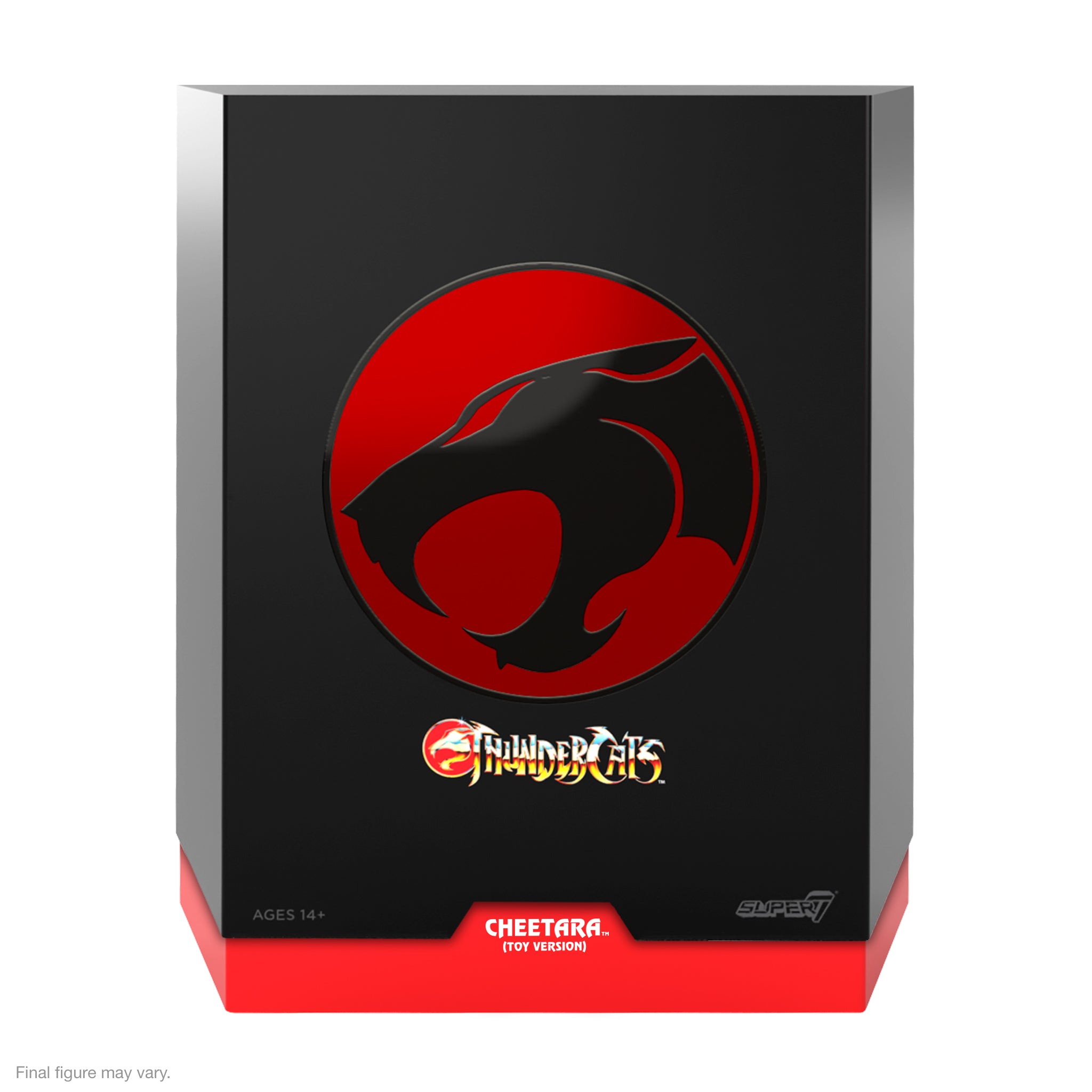 Packaging close up of ThunderCats Cheetara showing the red emblem and a staff beside the toy