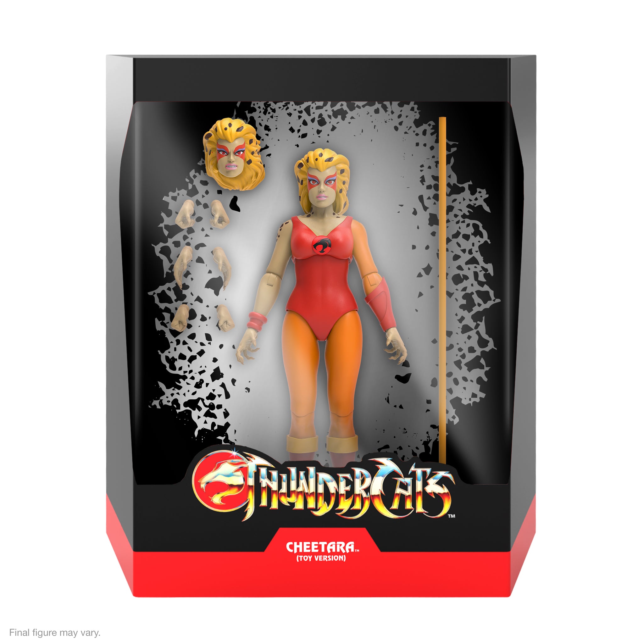 Cheetara figure from ThunderCats ULTIMATES Wave 6 in window packaging with yellow hair red outfit and staff