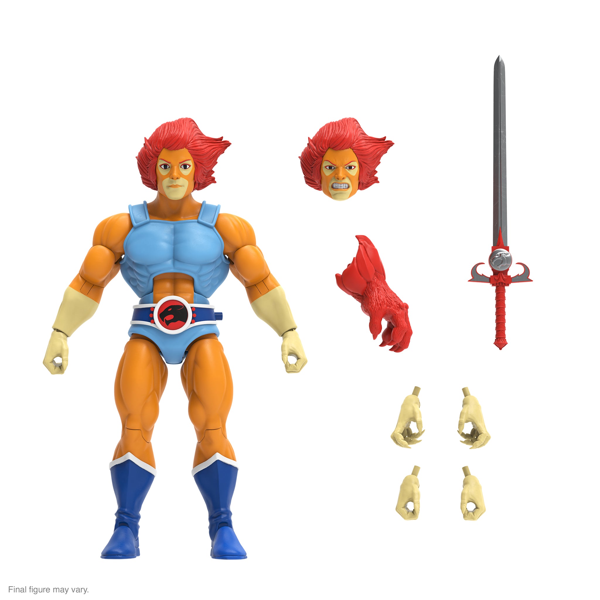 ThunderCats ULTIMATES Lion-O action figure with two alternate heads, extra hands, and a tall sword accessory beside the figure
