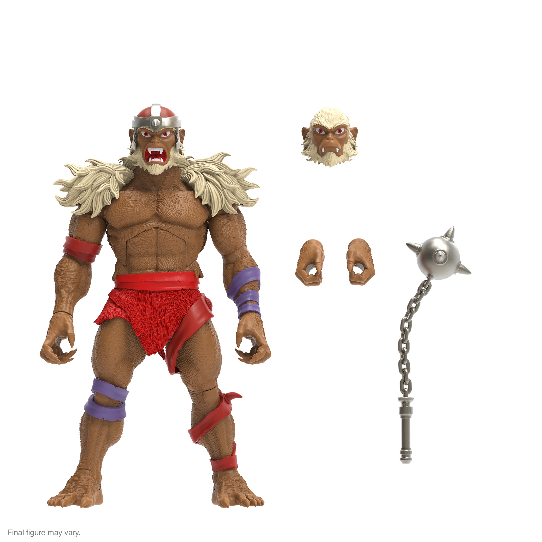 Monkian action figure with fur cloak and helmet plus extra interchangeable hands and a silver spiked accessory