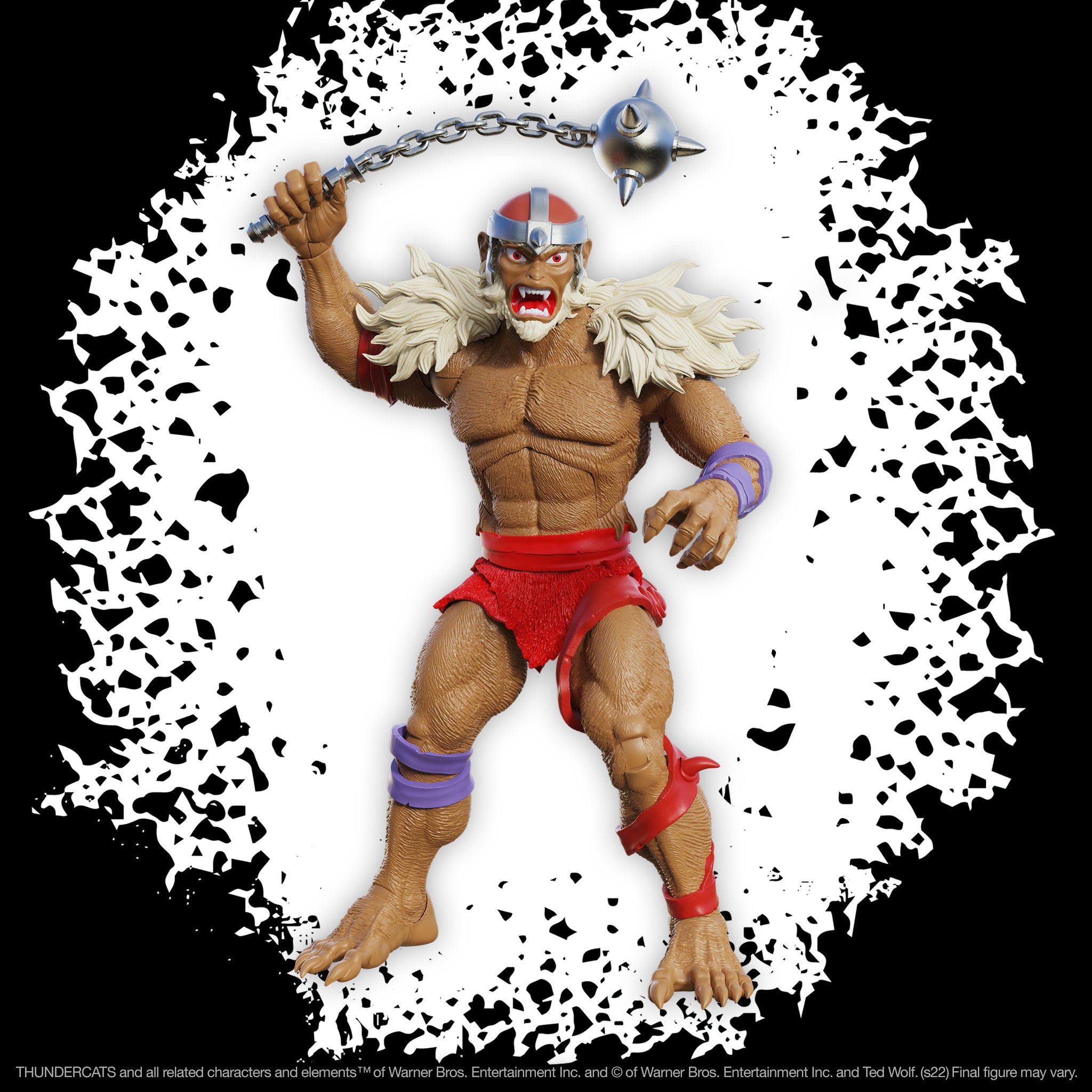 Full Monkian toy figure in dynamic pose with chained spiked mace against a black and white splash background
