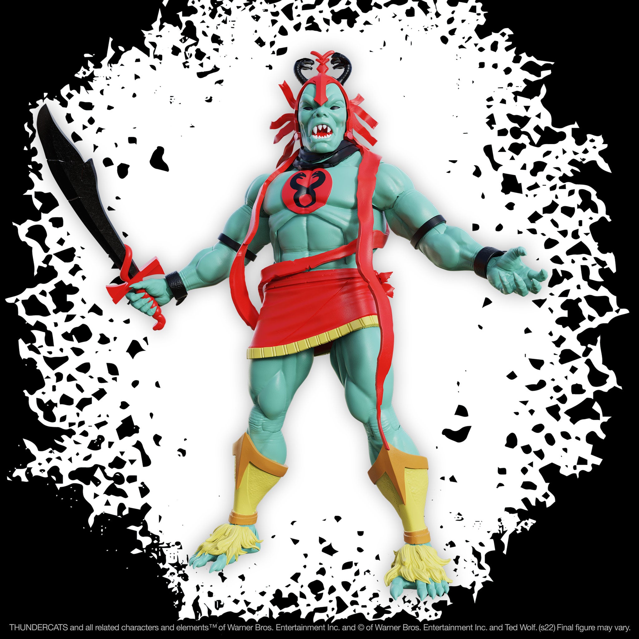 Mumm-Ra the Ever Living figure from Wave 6 with red accents and an extra head against a white splash background
