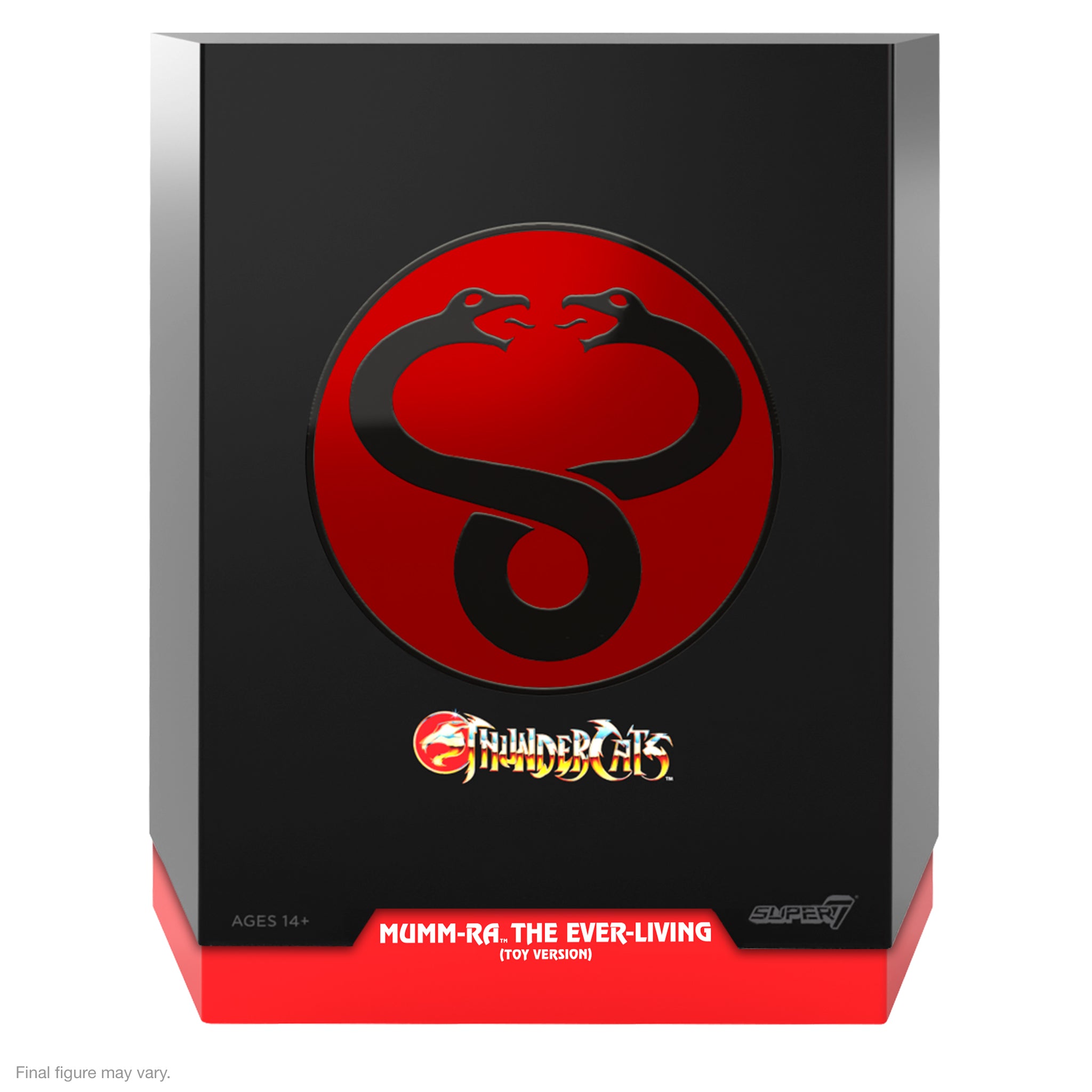 Front view of ThunderCats ULTIMATES Mumm-Ra packaging showing a bold red emblem on a black panel