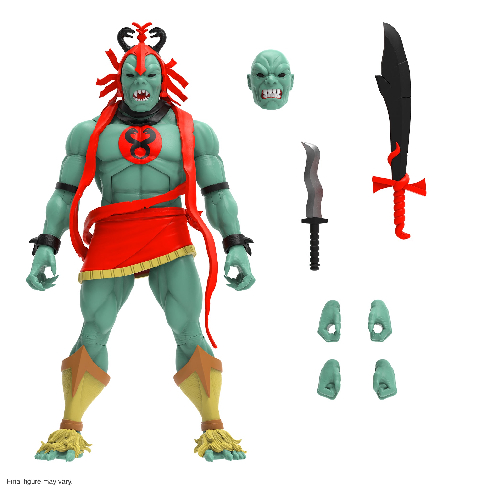 Mumm-Ra the Ever Living action figure with green skin red bindings and extra head and weapons