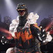 Toho ULTIMATES HeiSei Burning Godzilla head close up with open jaws and teeth against a city backdrop.