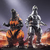 Godzilla 1995 and Mechagodzilla figures posed on a purple rocky battlefield with dramatic sky