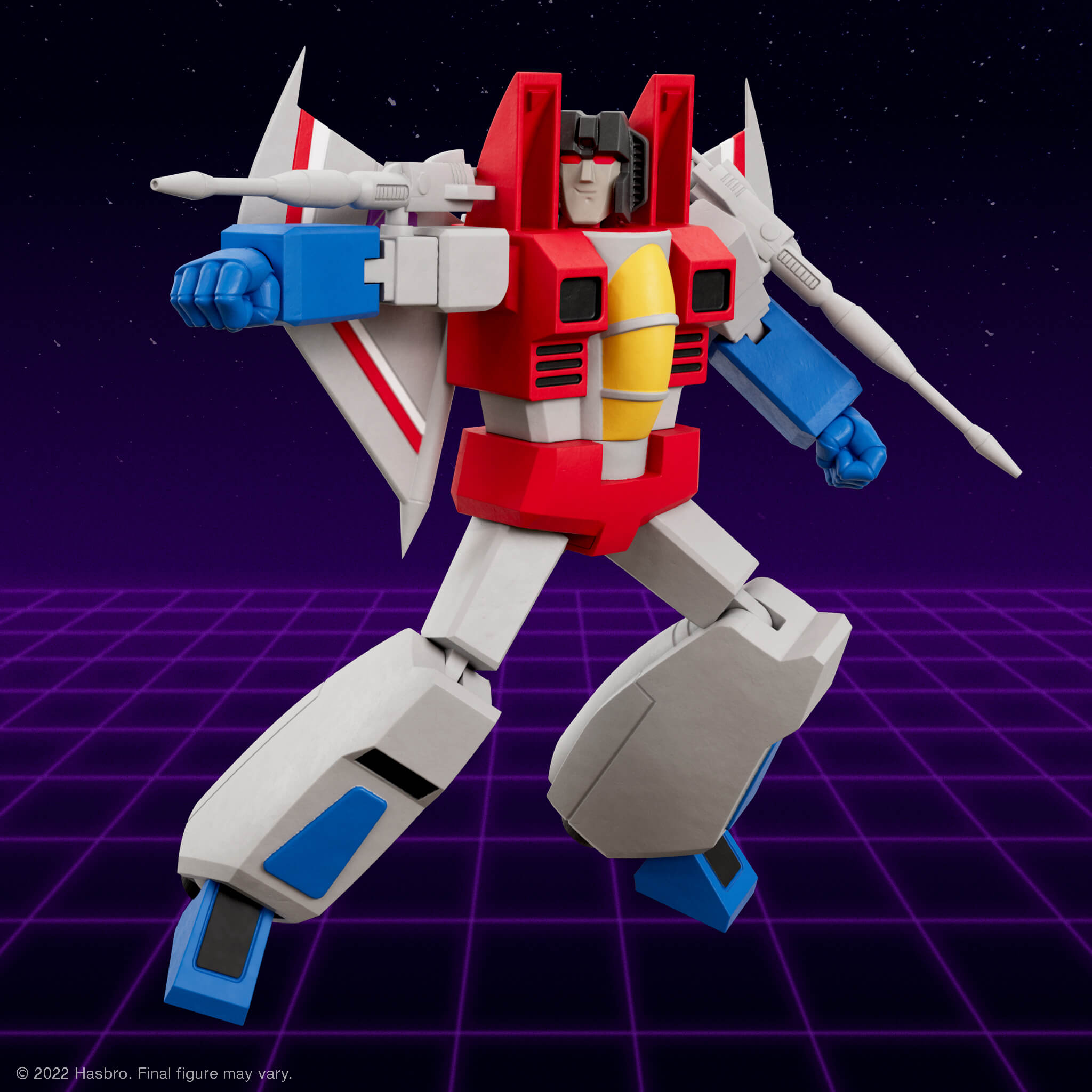 G1 Starscream recolor action figure in flight pose against a purple starry grid background