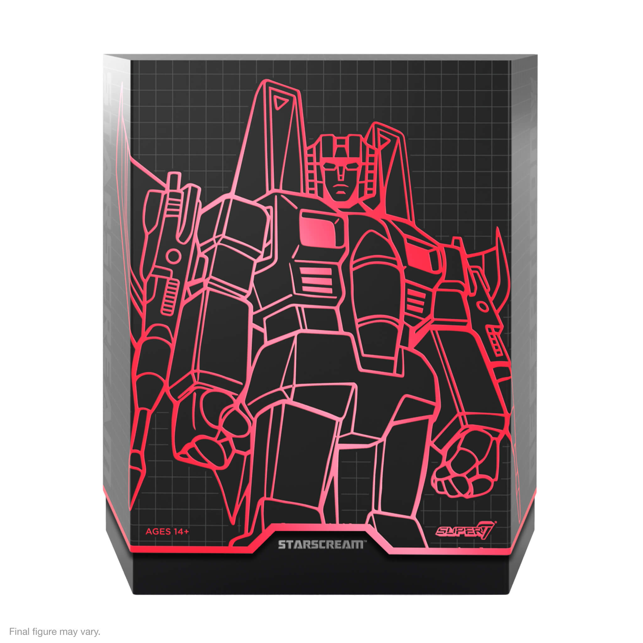 Box art for Transformers ULTIMATES Wave 4 Starscream G1 recolor showing pink neon line art of the robot on a dark grid background