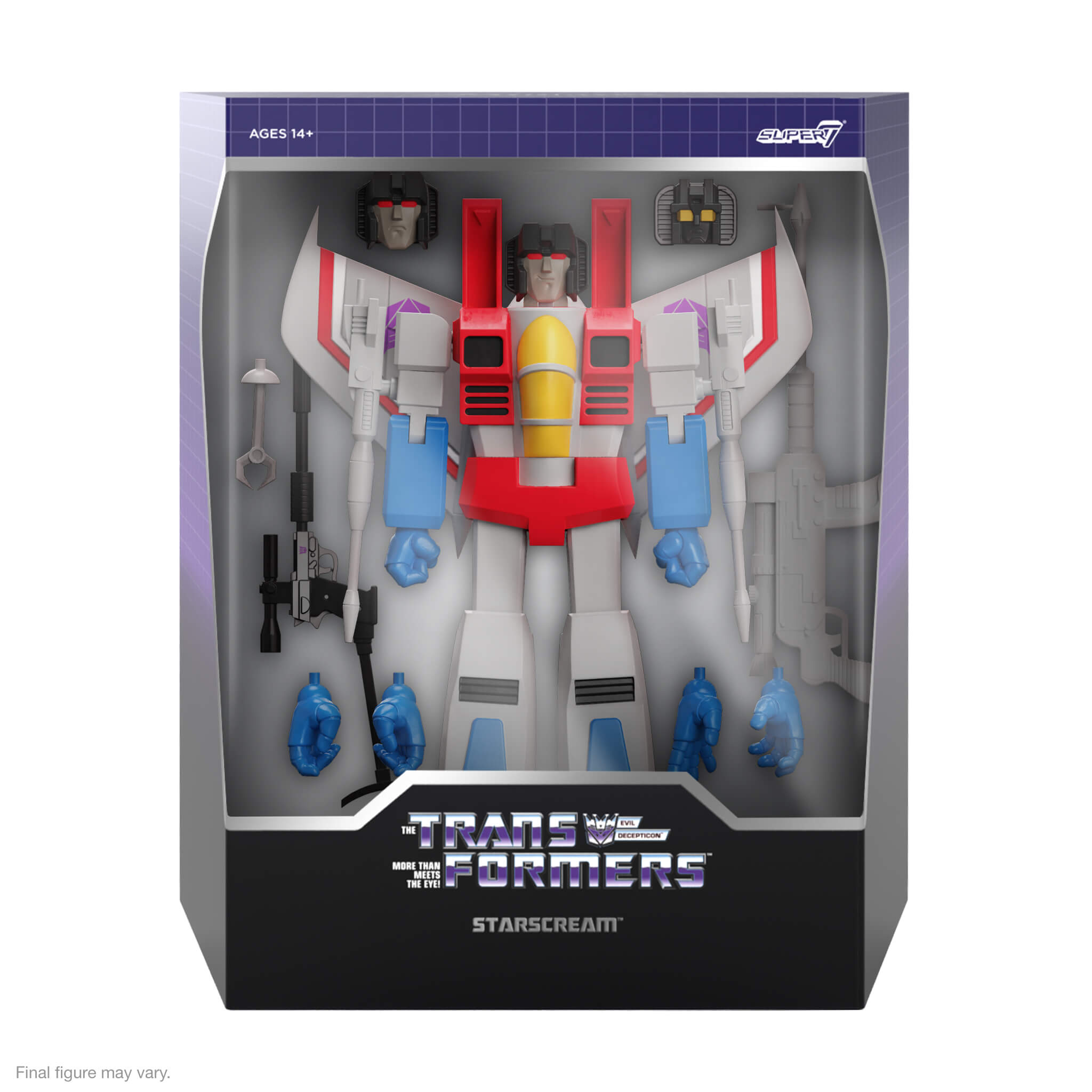 Starscream action figure packaging with window display inside a purple box showcasing the figure and accessories.