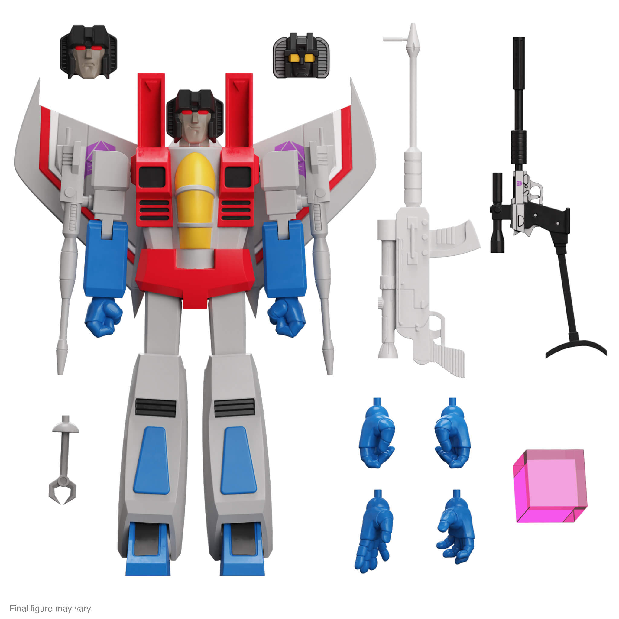 Starscream G1 recolor action figure with red gray and yellow details and weapon accessories on a white background.