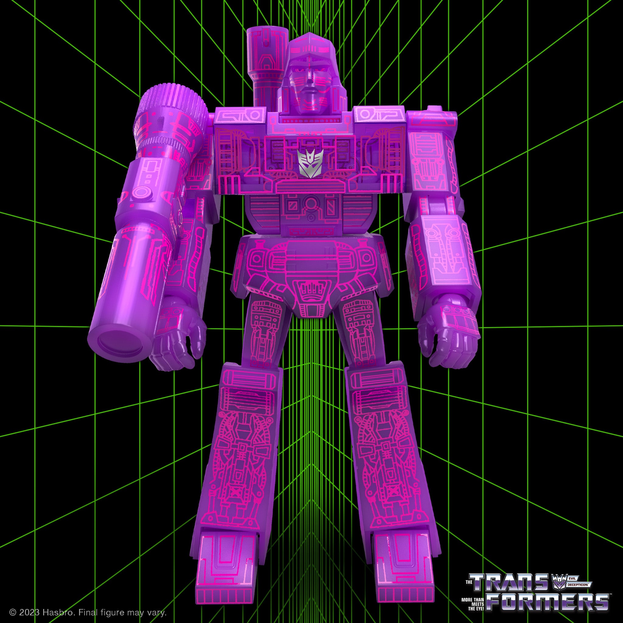 Neon purple Megatron against a black background with bright green grid lines and a Transformers logo in the corner.