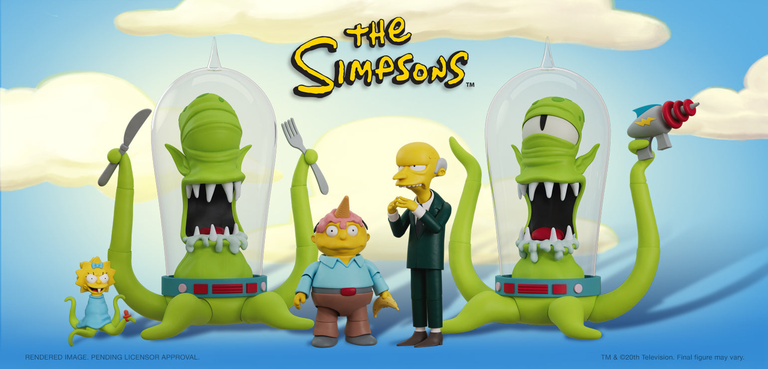 Super7's Simpsons ULTIMATES Wave 3 figures — Mr. Burns, Ralph Wiggum, Kang, and Kodos