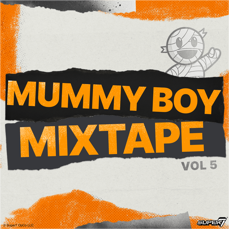 Mummy Boy Mixtape Volume 5 cover art with bold orange letters on torn black strips and a cartoon mummy on a textured background.