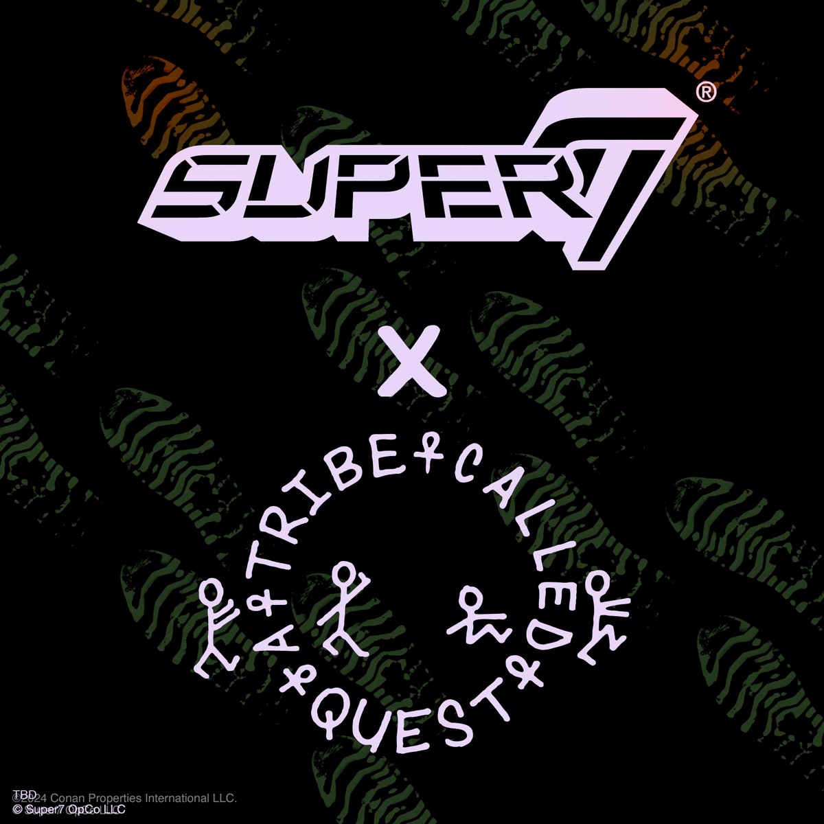 Super7 and A Tribe Called Quest collaboration logo with footprints in the background