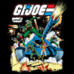G.I. Joe classic poster design featuring soldiers, a tank and explosive action in bold comic style for a t shirt.