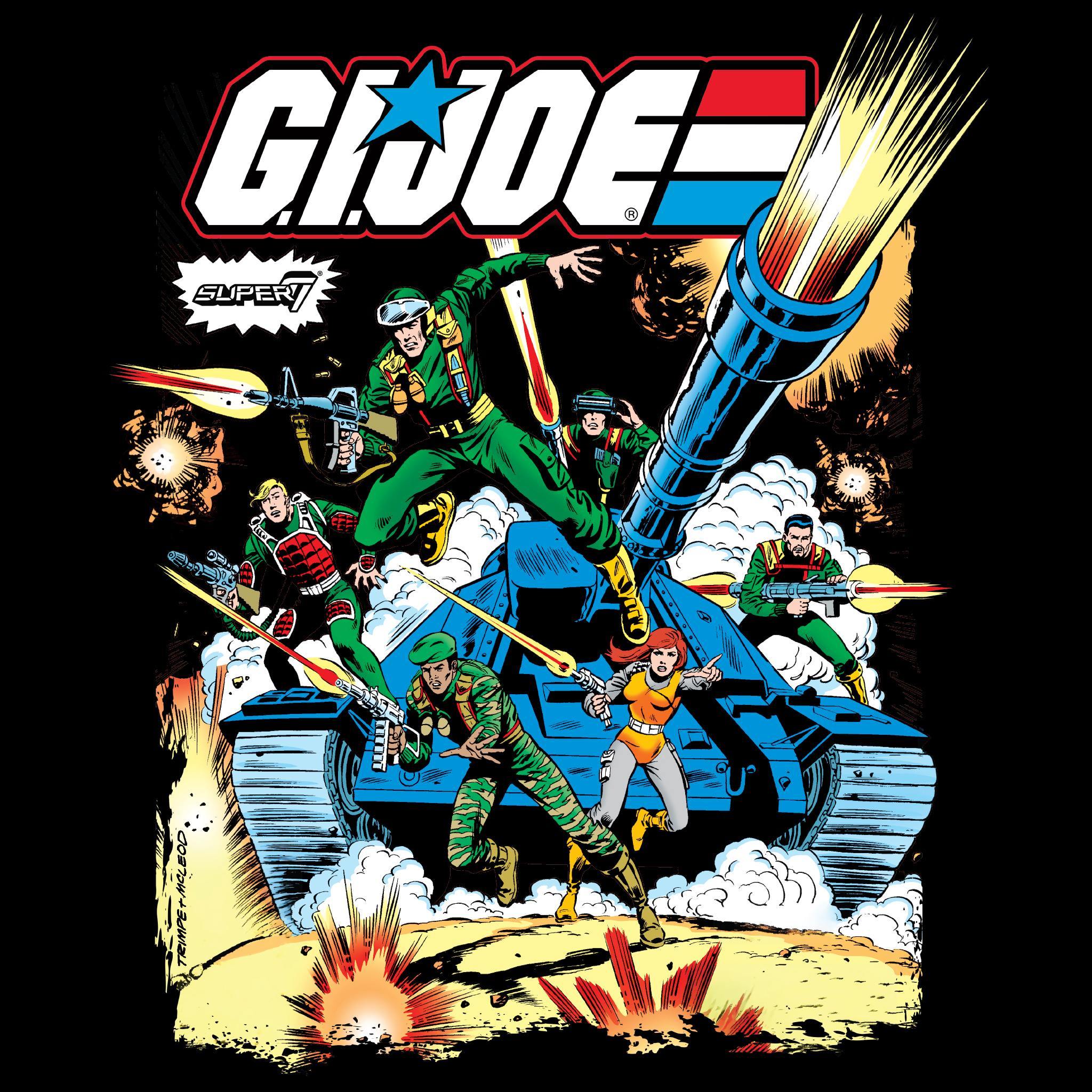 G.I. Joe classic poster design featuring soldiers, a tank and explosive action in bold comic style for a t shirt.
