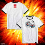 White GI Joe T shirt with a bold front graphic of a heroic action scene against a fiery background
