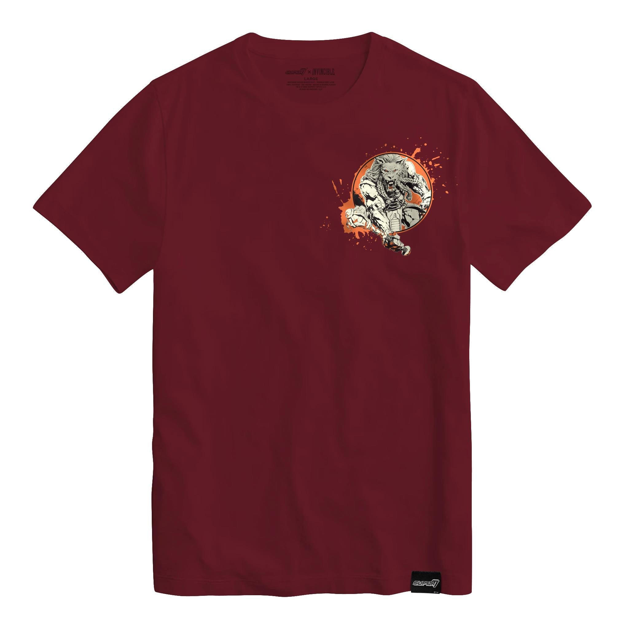 Maroon T shirt with a circular orange battle beast graphic on the front.