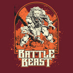 Close up of the battle beast illustration inside an orange circle on a maroon T shirt.