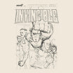 Beige Invincible poster tee showing a large outlined Invincible title with a group of heroes in pencil sketch