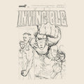 Beige Invincible poster tee showing a large outlined Invincible title with a group of heroes in pencil sketch