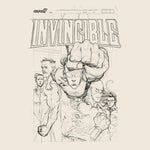 Beige Invincible poster tee showing a large outlined Invincible title with a group of heroes in pencil sketch