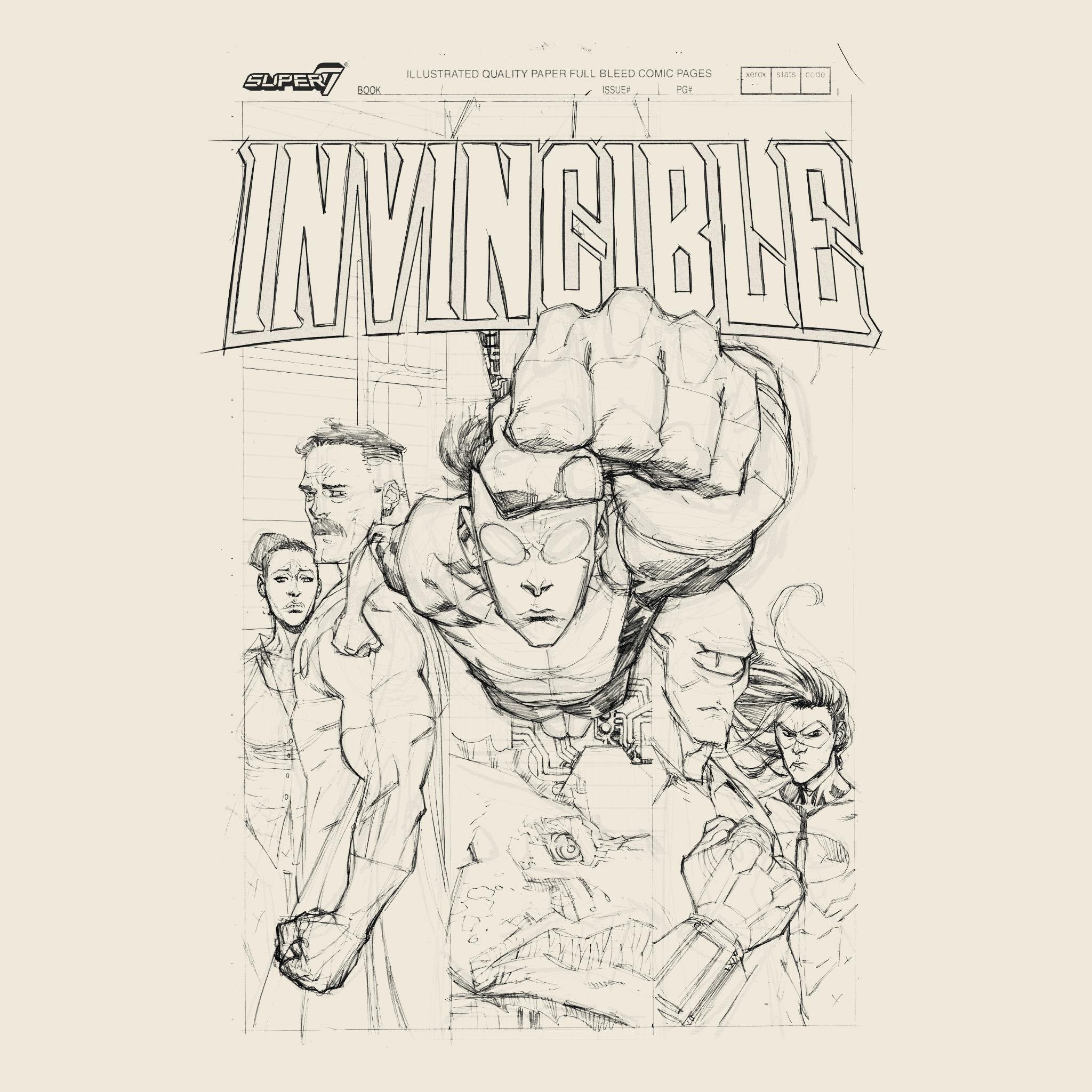 Beige Invincible poster tee showing a large outlined Invincible title with a group of heroes in pencil sketch