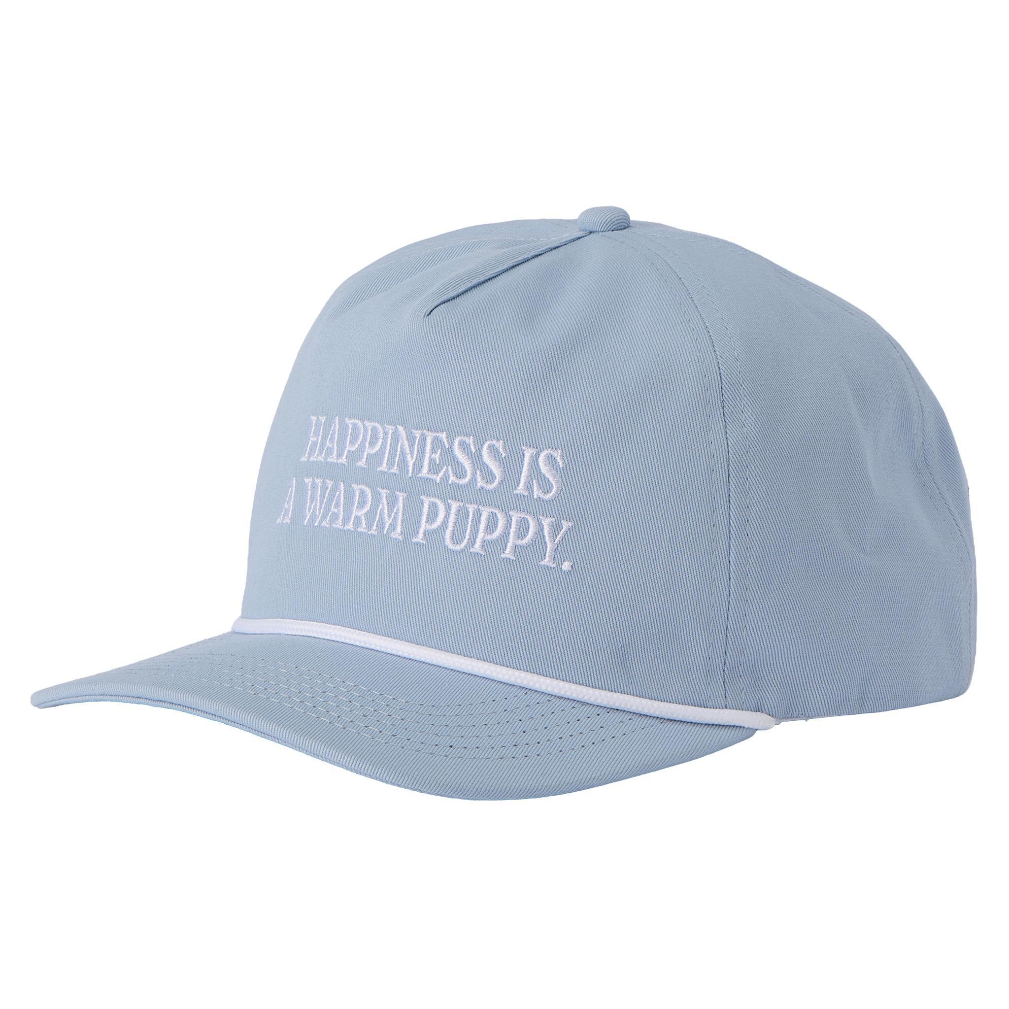 Blue Happiness Hat featuring embroidered message across the front with white piping on the brim.