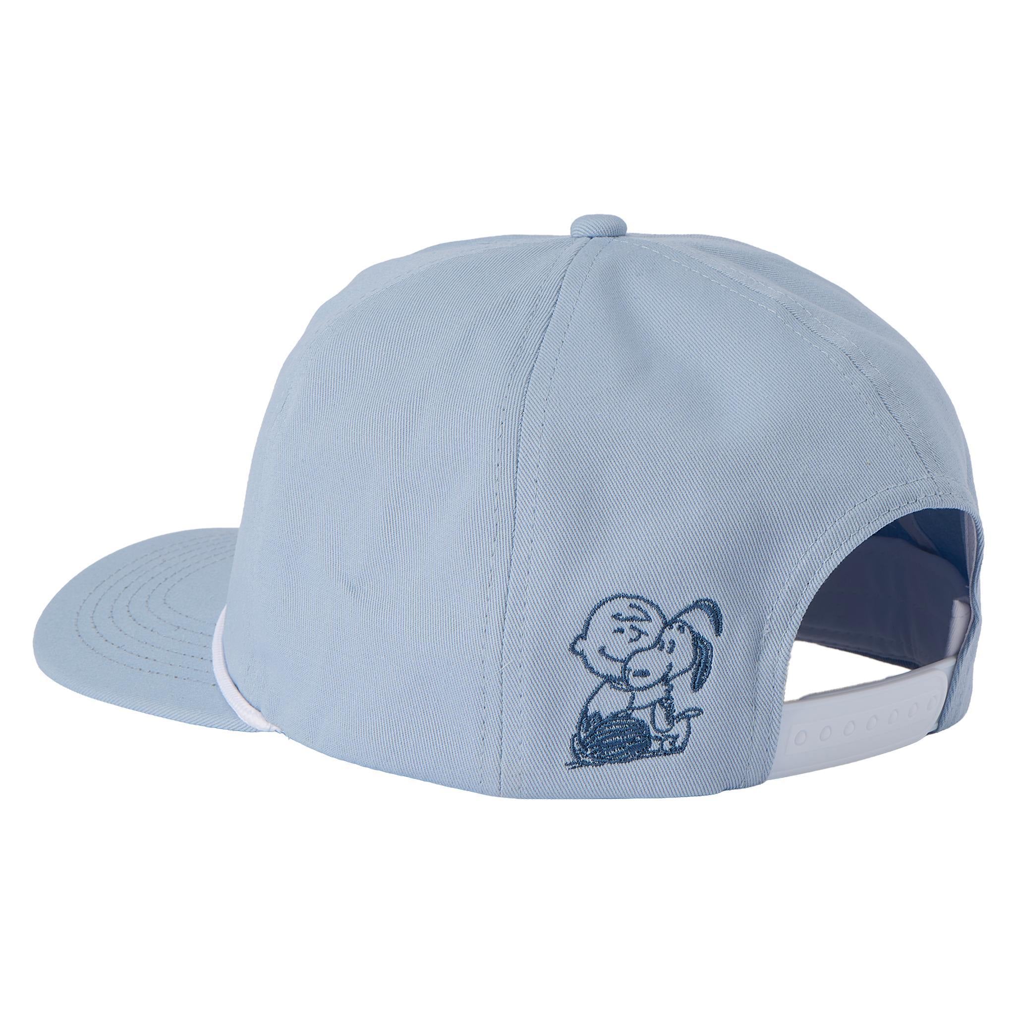 Close-up of a light blue Happiness Hat crown with a small top button and partial Snoopy embroidery.