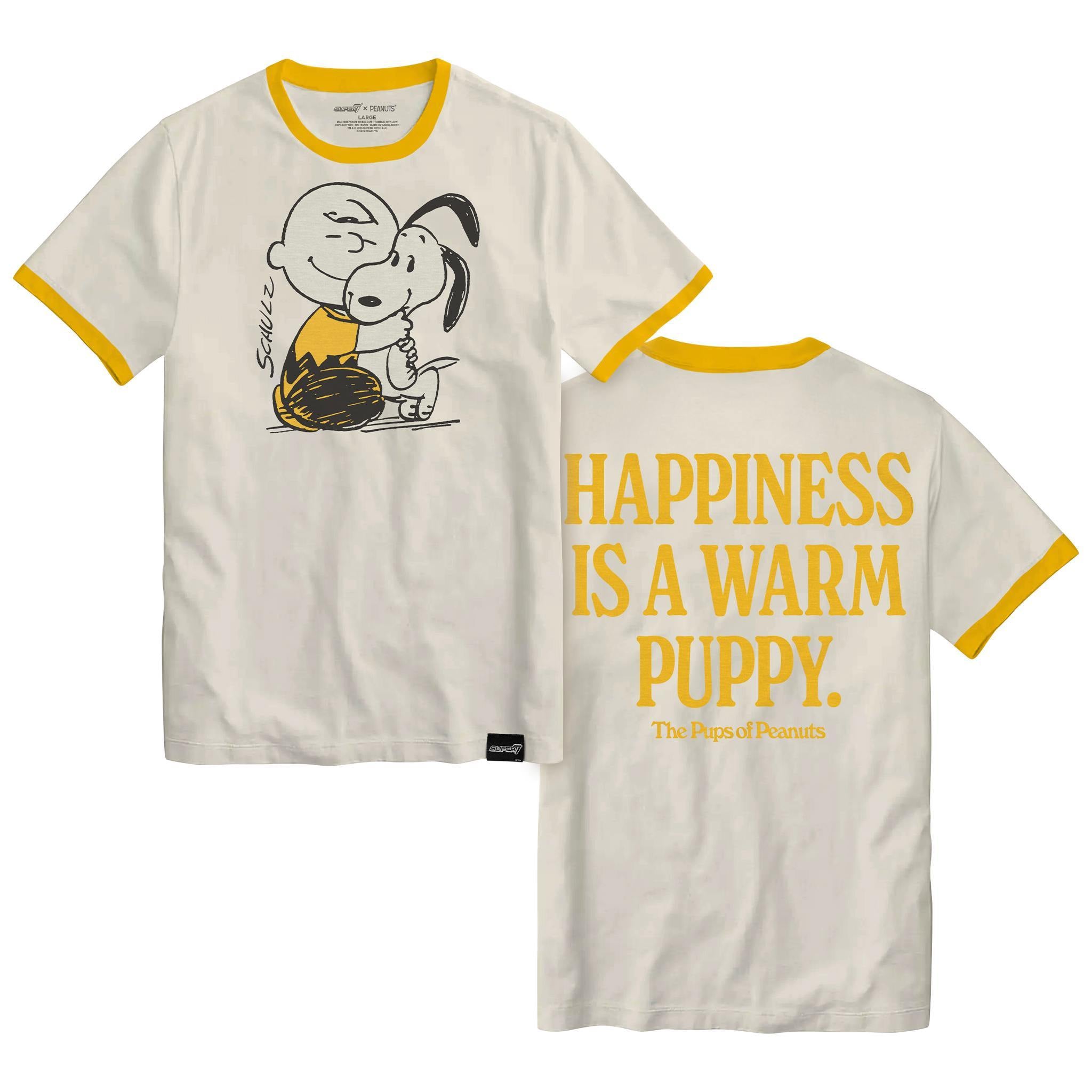White Peanuts T shirt with yellow neck and sleeve trim featuring Snoopy and Woodstock hugging