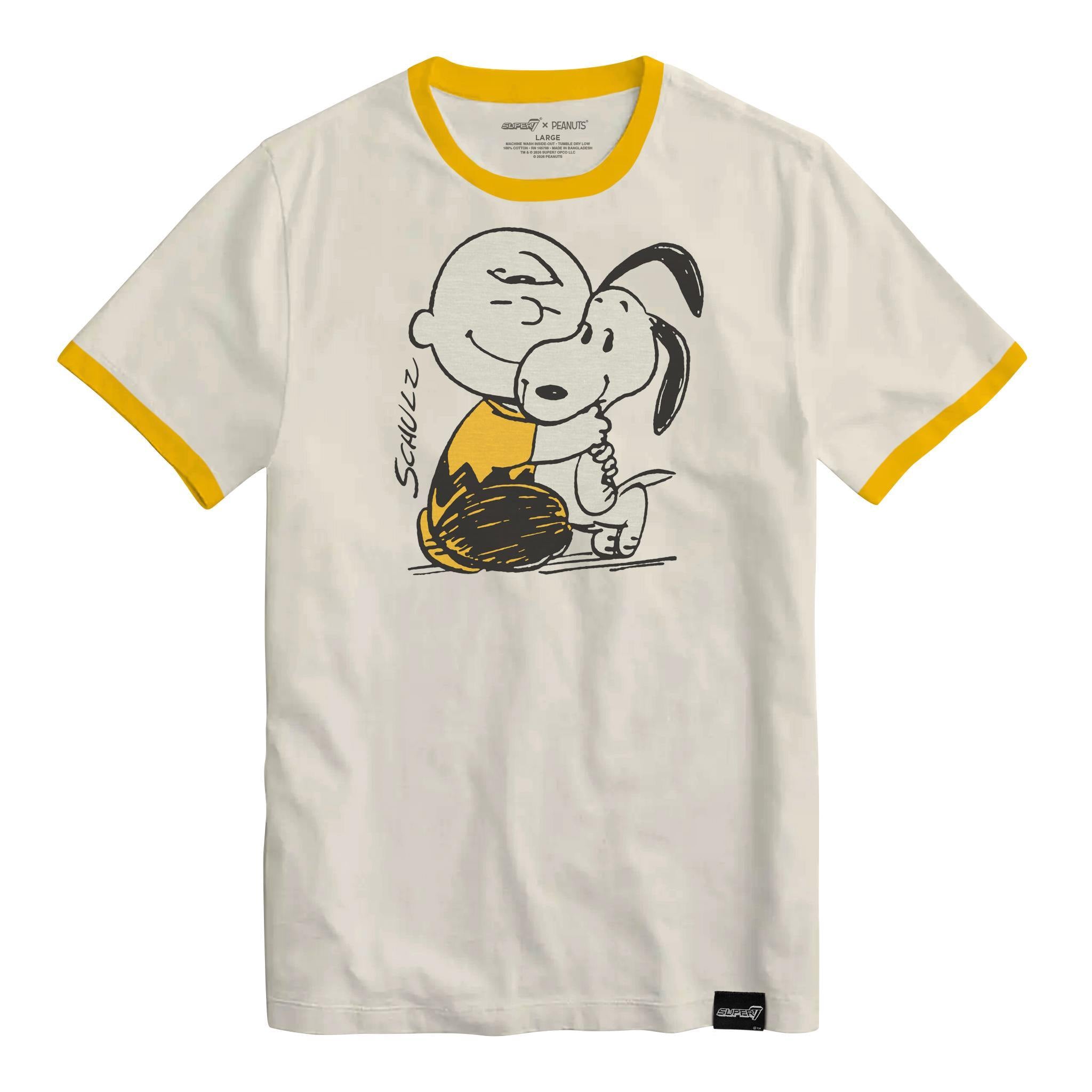 White Peanuts T shirt with yellow trim features Snoopy hugging Woodstock
