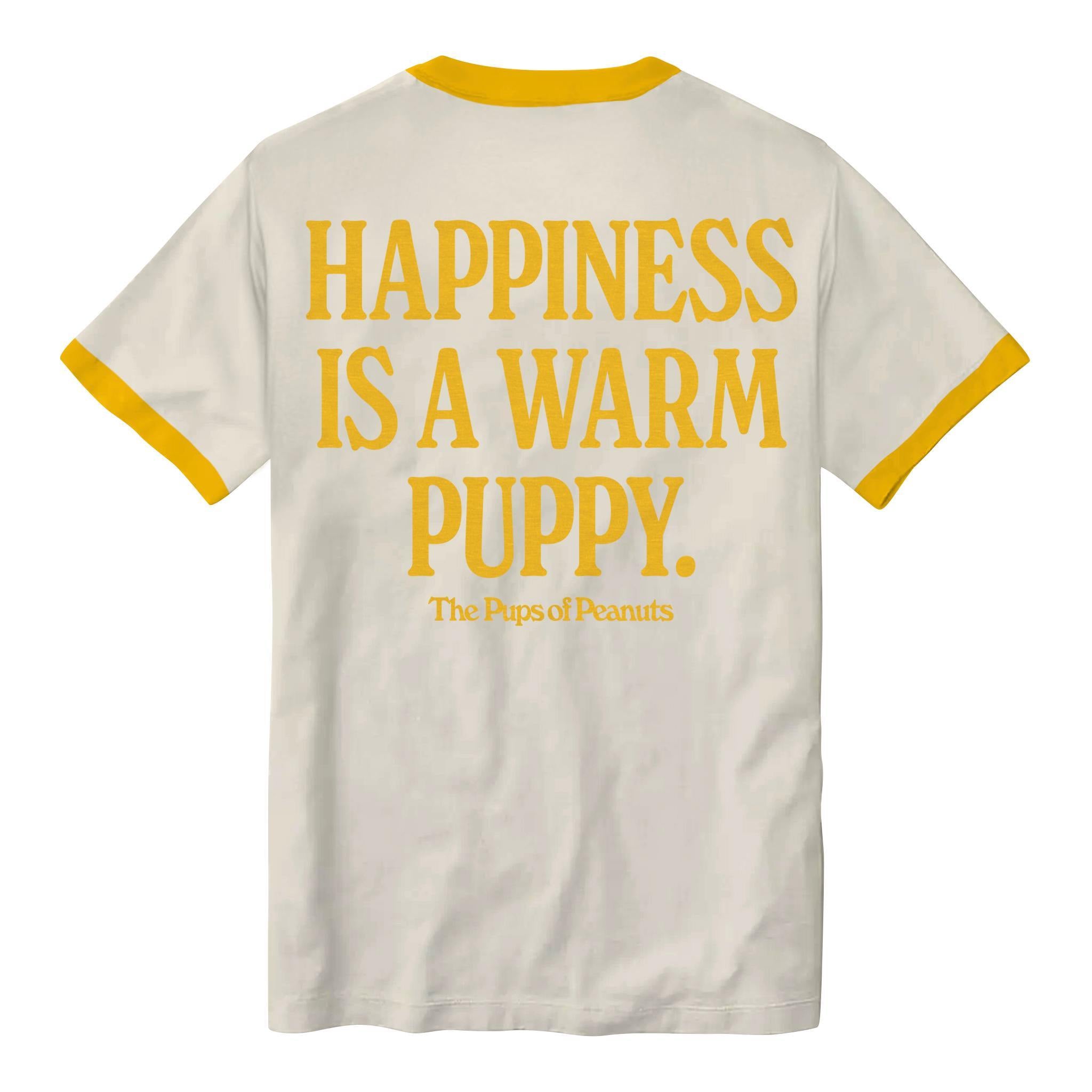 Back view of white Peanuts T shirt with large yellow text Happiness is a warm puppy