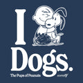 Snoopy graphic with a large white letter I on a dark blue background