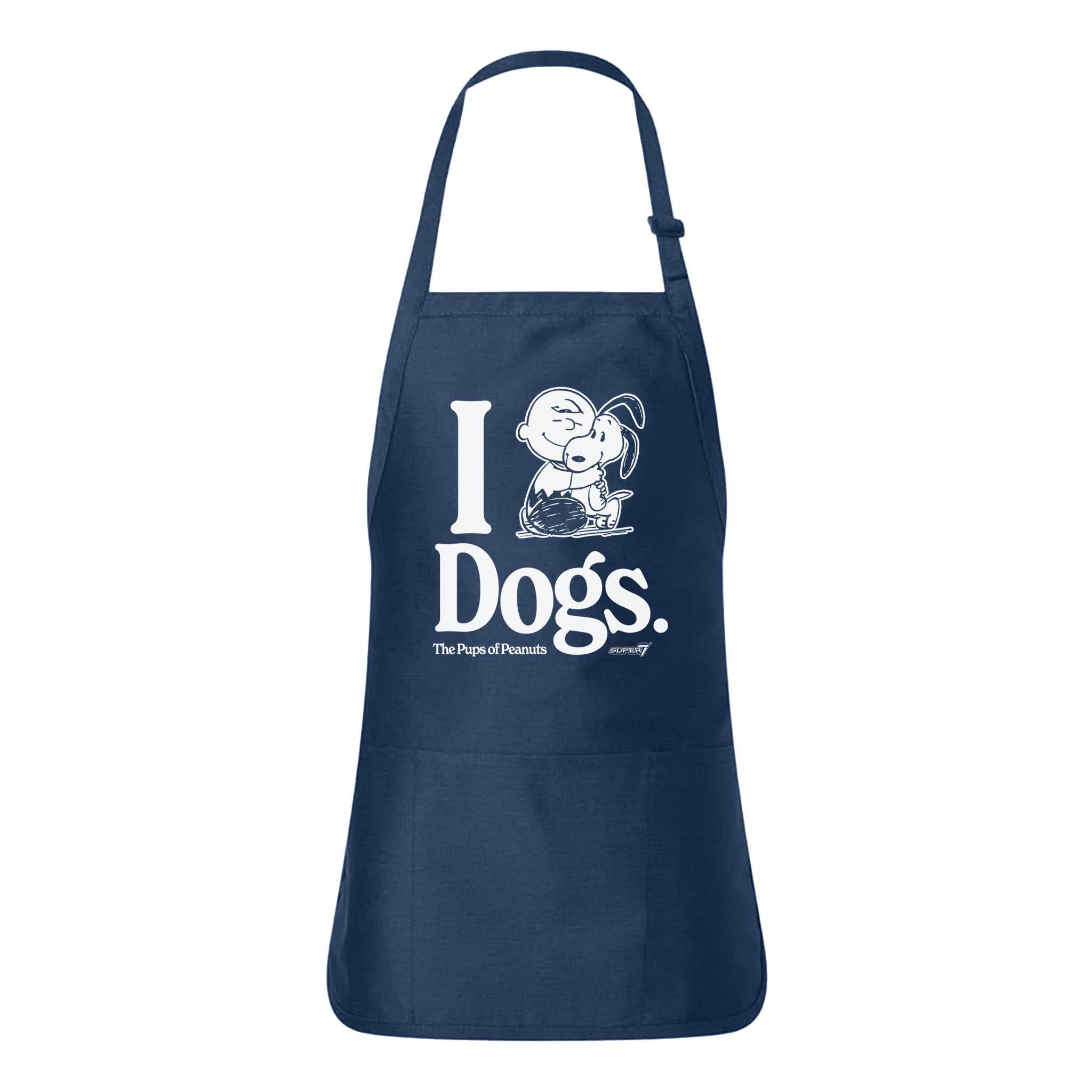 Blue Peanuts apron with large white Dogs lettering and Snoopy illustration