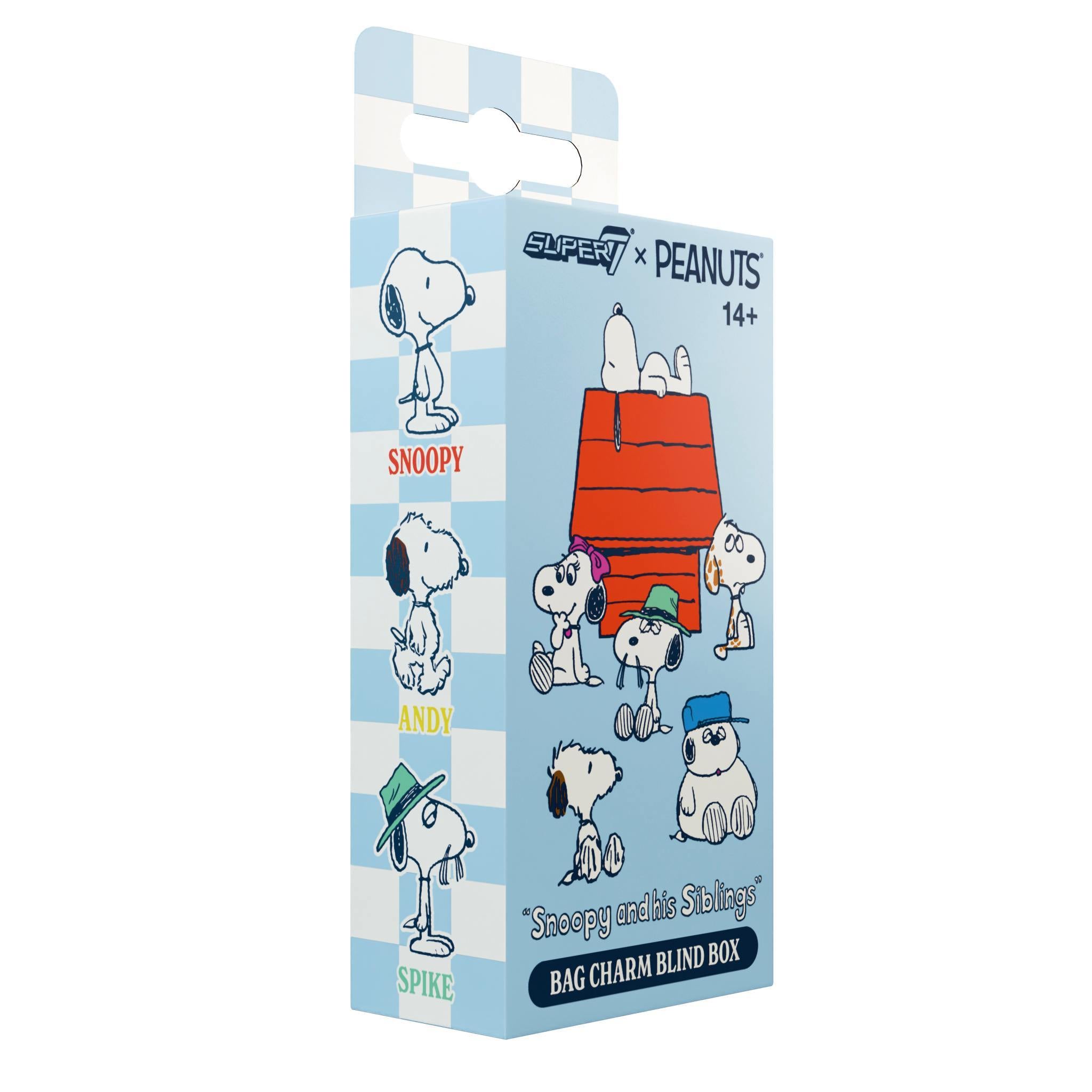 Peanuts bag charm blind box packaging featuring Snoopy and his siblings in a blue checkered design