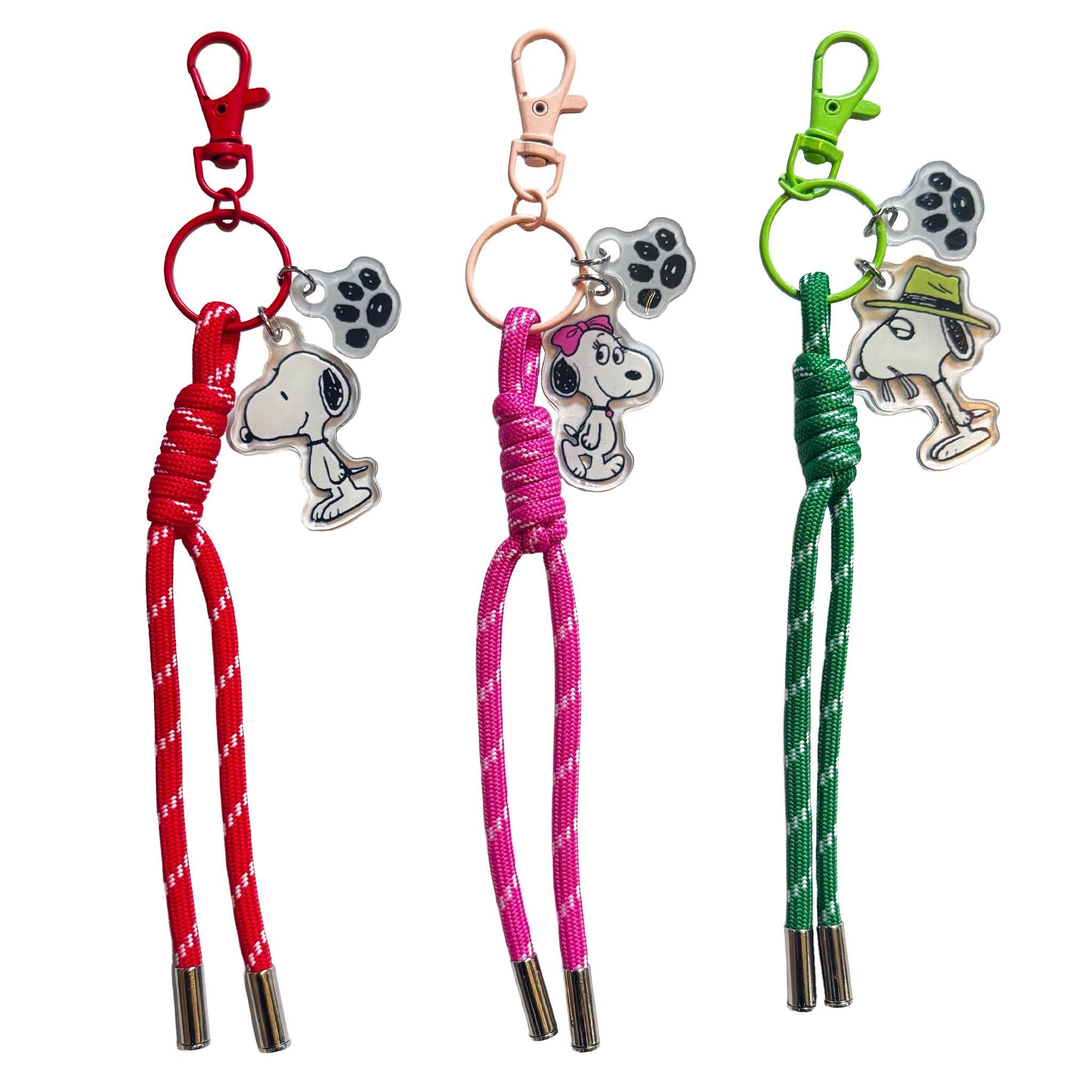 Peanuts Bag Charm Blind Box Wave 01 Siblings set with Snoopy and paw print charms on red peach and lime green cords