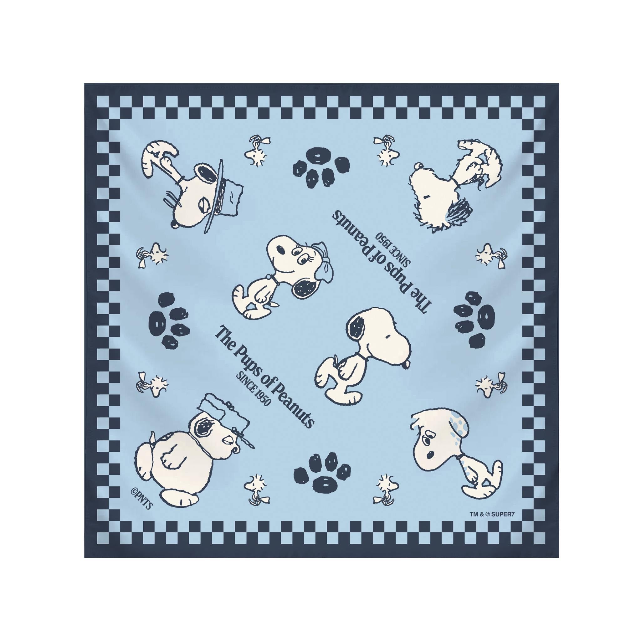 Blue Peanuts apron with Snoopy and Woodstock graphic