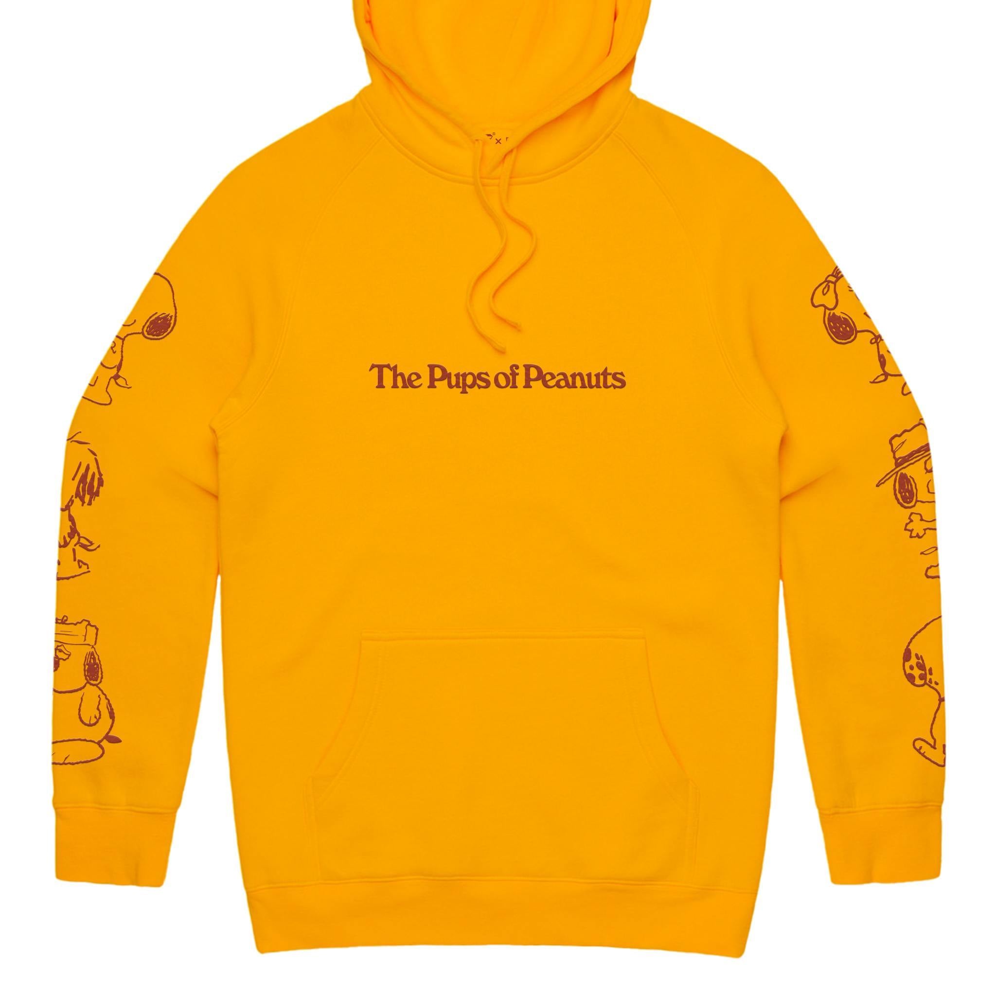 Orange Peanuts fleece hoodie with Snoopy illustrations on sleeves and The Pups of Peanuts text across the chest.