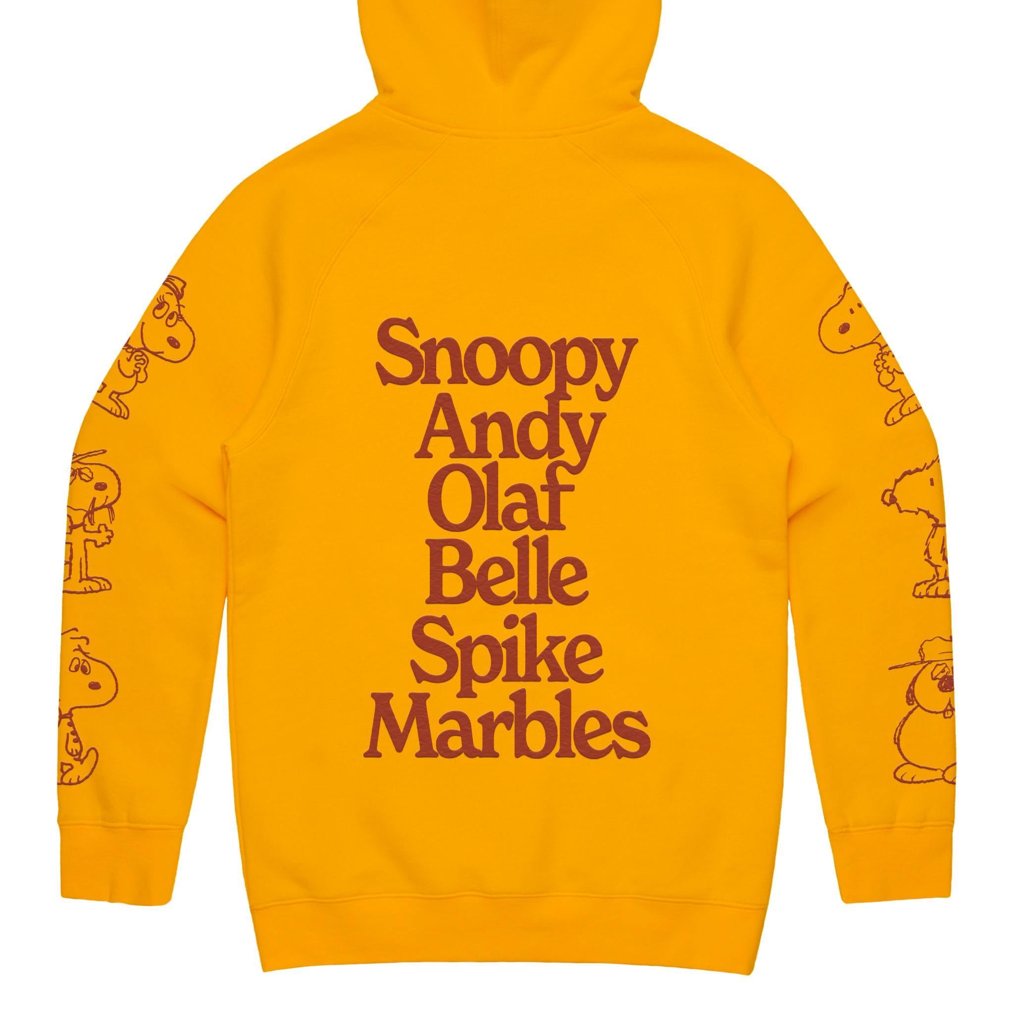 Back view of orange Peanuts fleece hoodie with hood up and Snoopy illustrations on sleeves.