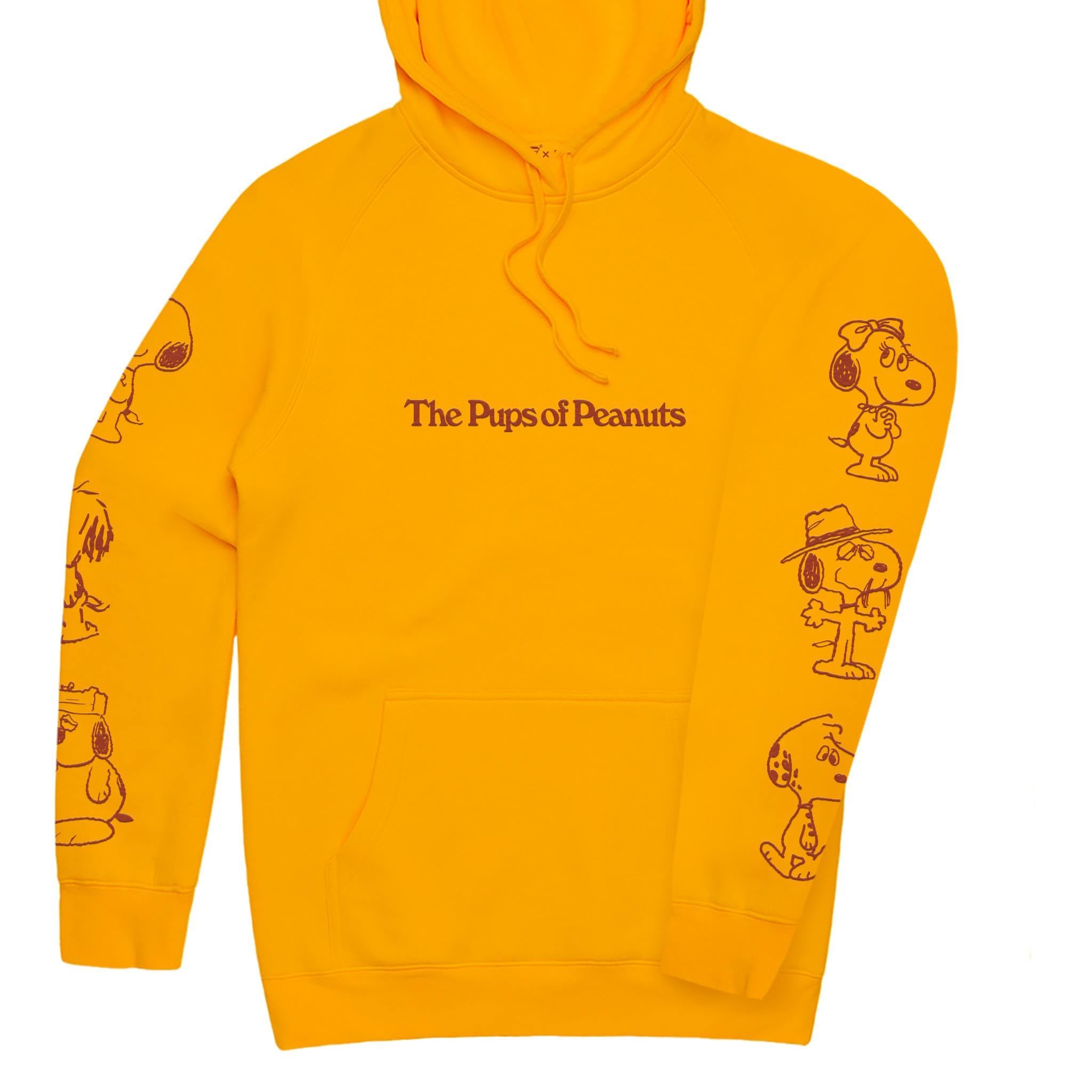 Orange Peanuts fleece hoodie with Snoopy and Woodstock illustrations on the chest and sleeves and The Pups of Peanuts text