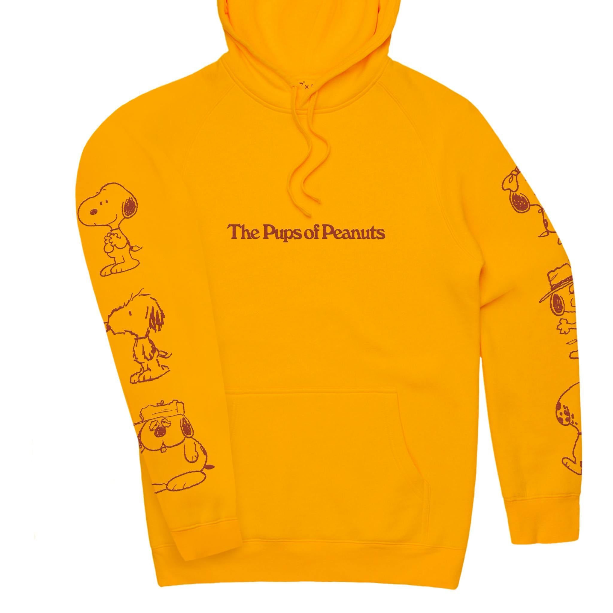 Front view of orange Peanuts fleece hoodie with bold vertical text and cartoon drawings on sleeves.
