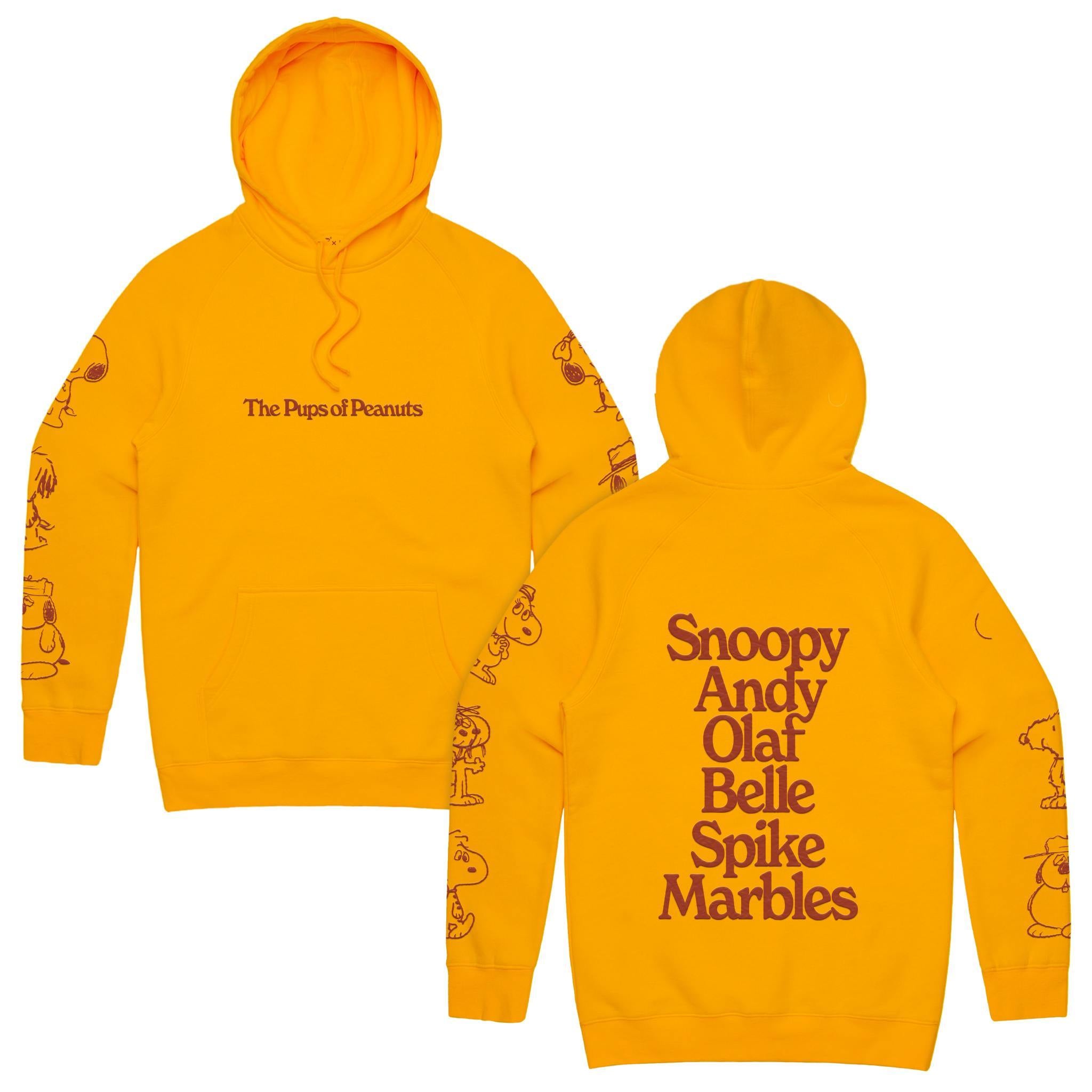 Bright orange Peanuts fleece hoodie shown from the front with hood up