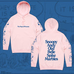 Front and back of a pink Peanuts Siblings Bundle hoodie with Snoopy, Spike, Olaf, Andy, Belle, and Marbles