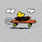 Woodstock in a nest riding an orange skateboard on a heather grey Peanuts T-shirt