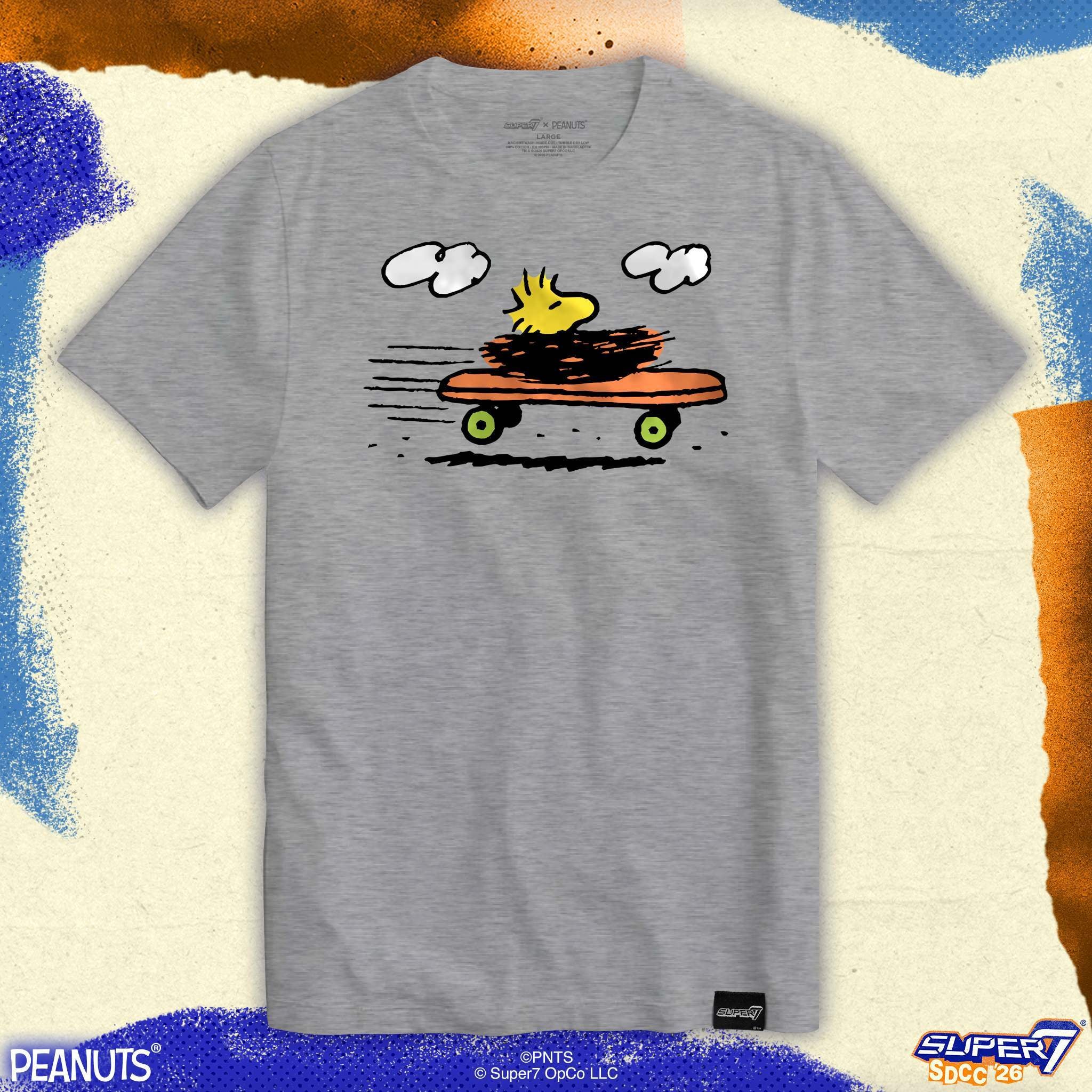 Heather grey Peanuts T-shirt featuring Woodstock in a nest on a skateboard