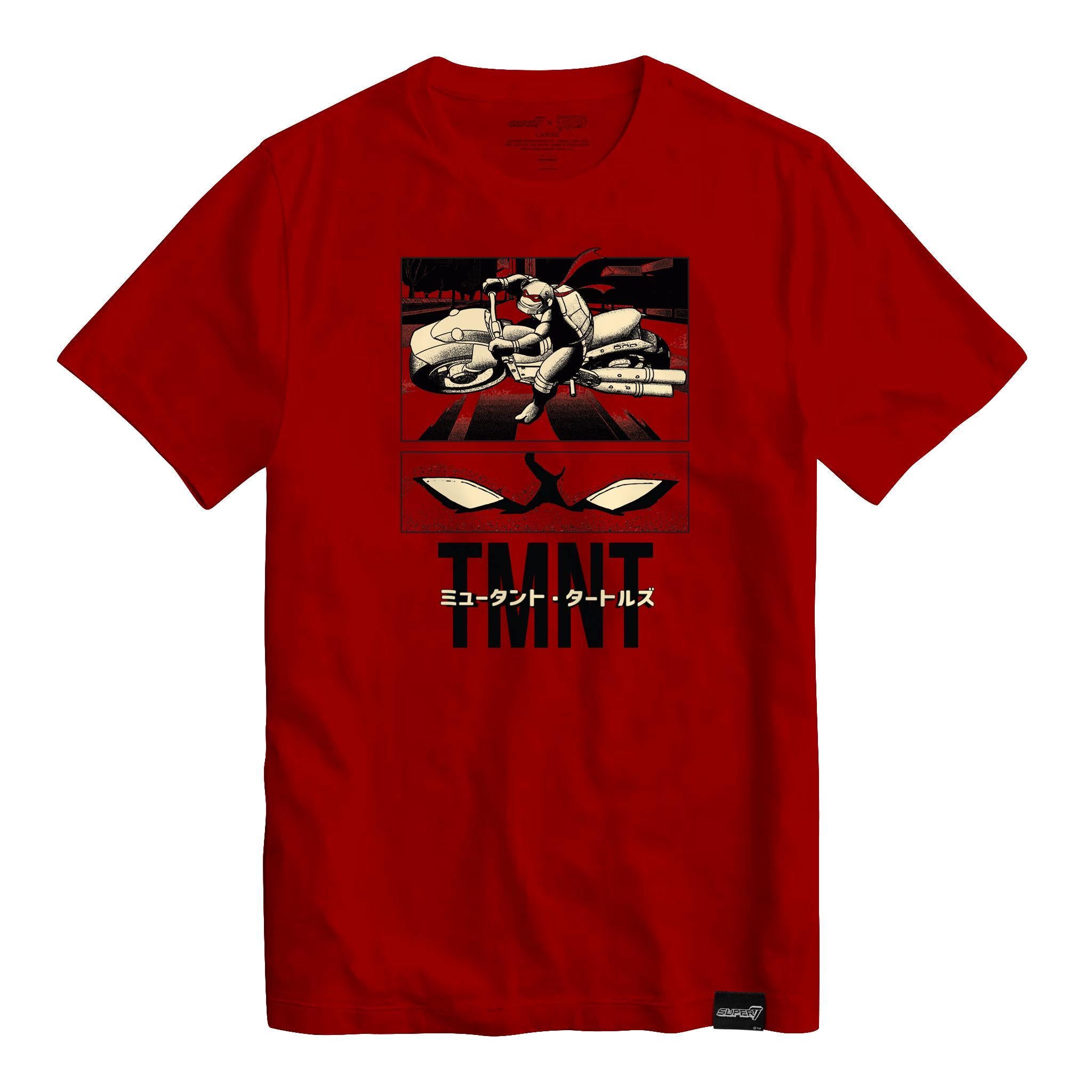 Red TMNT Shell Cycle graphic tee featuring a turtle on a motorcycle