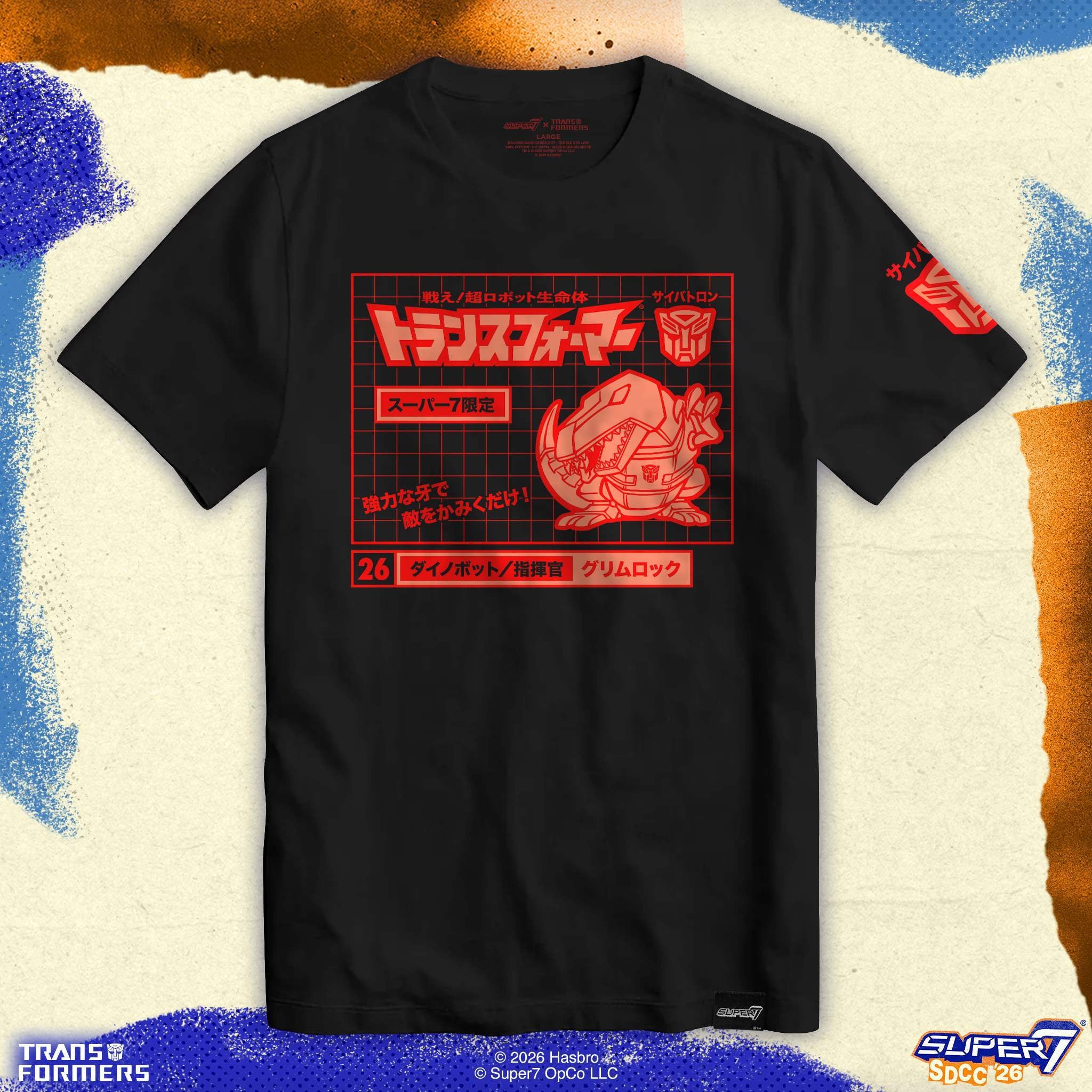 Black Transformers T-Shirt featuring a red graphic of Grimlock and Japanese text